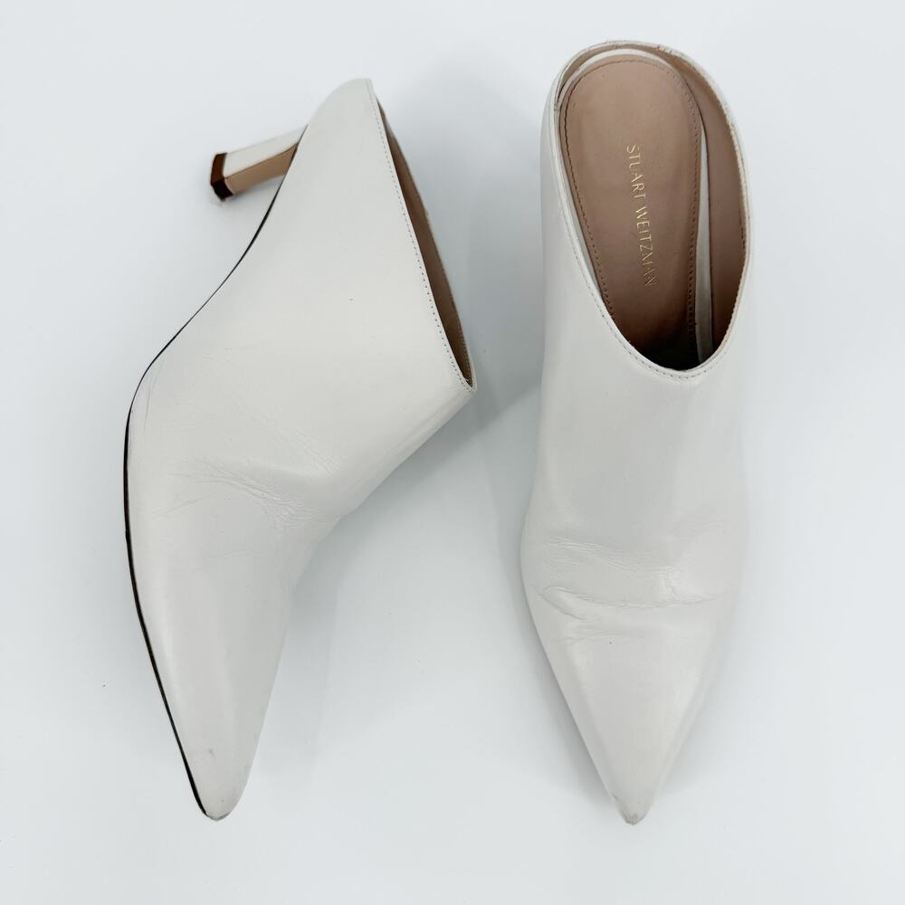 Stuart Weitzman Mira White Leather Pointed Toe Mules Kitten Heel 7.5